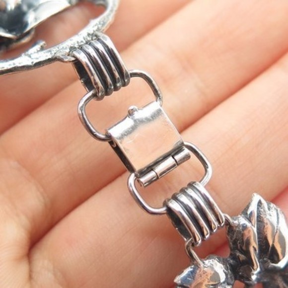 925 Sterling Silver Antique Art Deco Flower Blossom Oxidized Bracelet 7